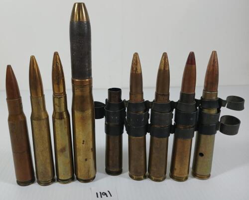 AMMO / BRASS: 8X LARGE RIFLE CAL RNDS LIVE / 1X BRASS
