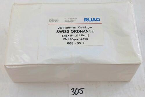 AMMO: 200X SWISS ORDNANCE .223REM - 63GR - FMJ