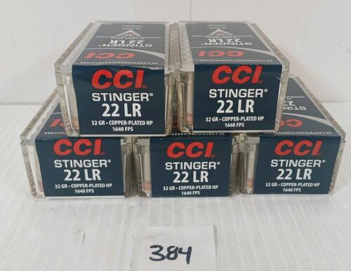 AMMO: 250X CCI STINGER .22 LR - 32GR - COPPER PLATED HP -SEALED