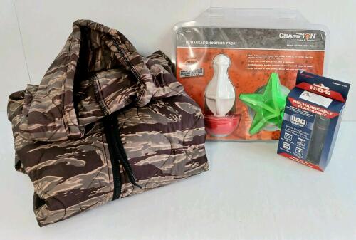 LOT OF 3 - CHAMPION DURASEAL SHOOTERS PACK, RECHARGEABLE FLASHLIGHT & CAMO JACKET