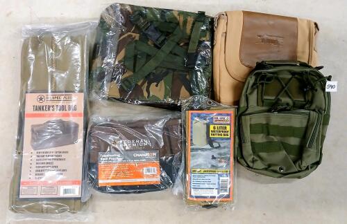 LOT OF 6 - TANKER'S TOOL BAG, 6L WATERPROOF BAG, CAMO FIELD PACK & OTHER BAGS