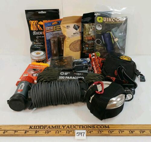 JOB LOT - SURVIVAL ACCESSORIES - FIRE STARTER, WATERPROOF MATCHES, PARACORD, HEAD LAMPS, ETC