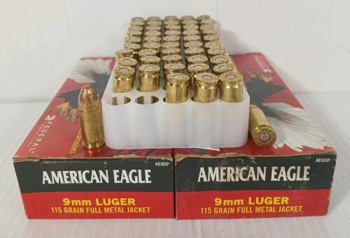 AMMO: 100X AMERICAN EAGLE 9 MM LUGER - 115GR - FMJ