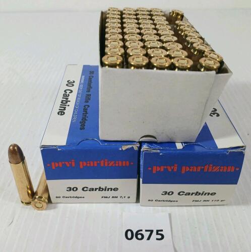 AMMO: 100X PRIVI PARTIZAN .30 CARBINE - 110GR - FMJ