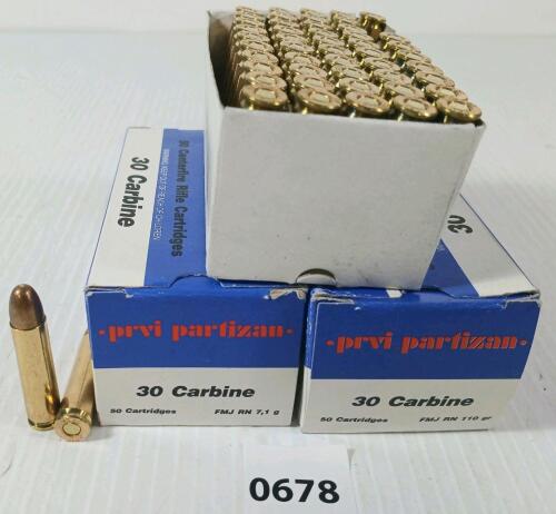 AMMO: 100X PRIVI PARTIZAN .30 CARBINE - 110GR - FMJ