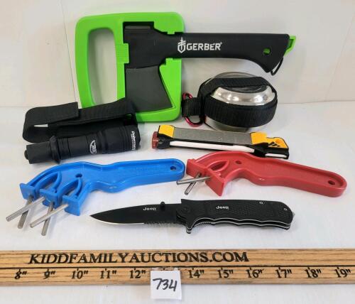 LOT OF 6 - ARMYTEK FLASHLIGHT, BLADE SHARPENERS, SURVIVAL KIT, HATCHET & FOLDING KNIFE