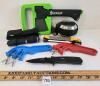 LOT OF 6 - ARMYTEK FLASHLIGHT, BLADE SHARPENERS, SURVIVAL KIT, HATCHET & FOLDING KNIFE