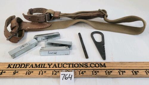 LOT OF 7 - MOSIN NAGANT SLING, TOOLS & STRIPPER CLIPS