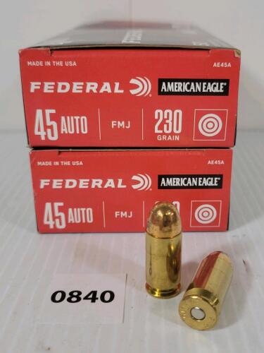 AMMO: 100X FEDERAL AMERICAN EAGLE .45 AUTO - 230GR - FMJ