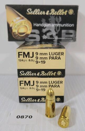 AMMO: 150X SELLIER & BELLOT 9MM LUGER - 124GR - FMJ