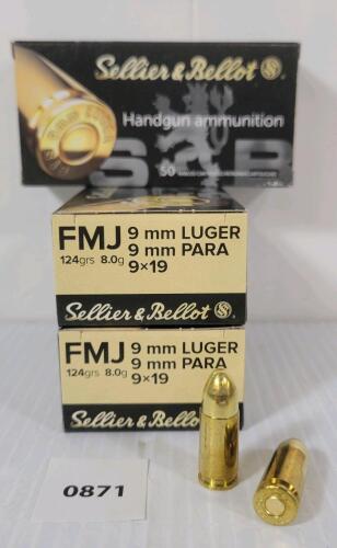 AMMO: 150X SELLIER & BELLOT 9MM LUGER - 124GR - FMJ