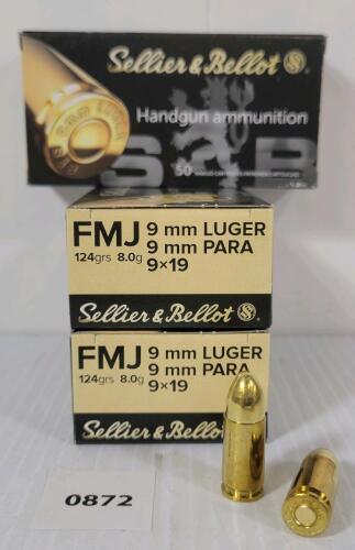 AMMO: 150X SELLIER & BELLOT 9MM LUGER - 124GR - FMJ