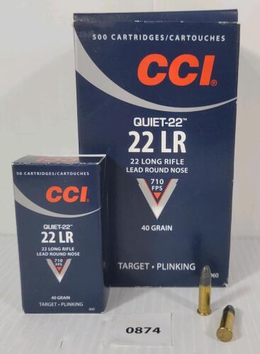 AMMO: APPROX 500X CCI QUIET .22 LR - 40GR - LEAD RN