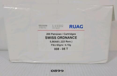 AMMO: 200X SWISS ORDNANCE 5.56X45MM - 63GR - FMJ - SEALED