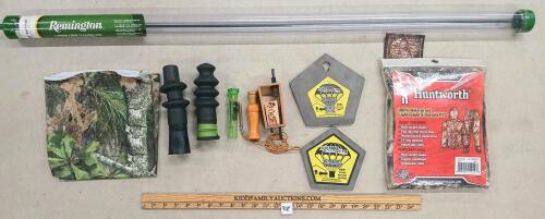 LOT OF 10 - HUNTWORTH RAIN SUIT, TARGET PLATES, TURKEY CALLS, CAMO FACE COVER & CLEANING ROD