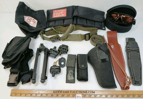 JOB LOT - MISC HOLSTERS, SLINGS, BIPOD, SHEATHS, SAFETY GLASSES, ETC