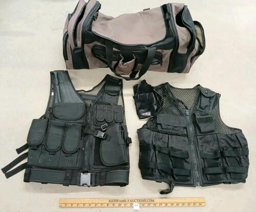 LOT OF 4 - SEIZE THE FUTURE DUFFLE BAG, TACTICAL VESTS & GLOVES