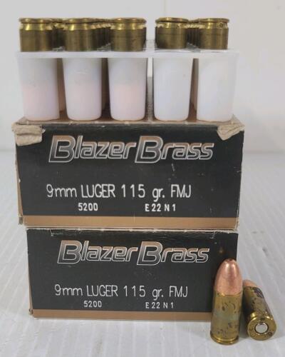 AMMO: 100X BLAZER BRASS 9MM LUGER - 115GR - FMJ