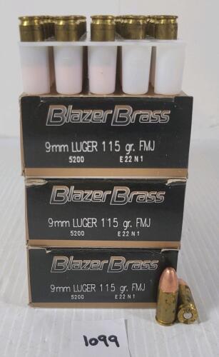 AMMO: 150X BLAZER BRASS 9MM LUGER - 115GR - FMJ