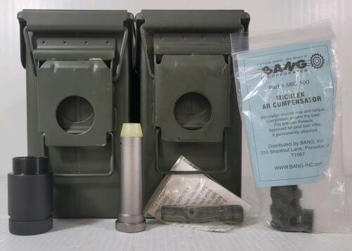 LOT OF 6 - AMMO BOXES, BANG MICULEK AR COMPENSATOR, ETC