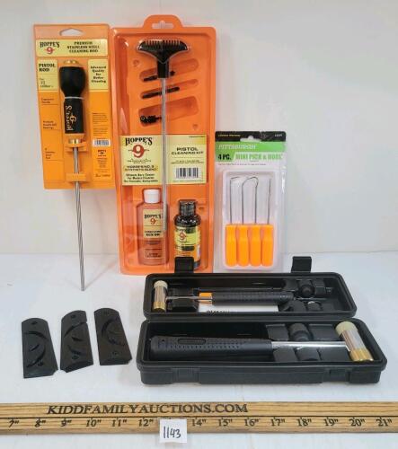 LOT OF 5 - HOPPE'S 9 PISTOL CLEANING KIT & ROD, WHEELER HAMMER SET, PICK SET & COLT 1911 GRIPS