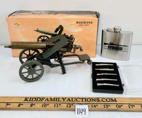 LOT OF 3 - ASIO ELEPHANT MAXIM GUN MODEL, MODEL FIREARM PINS & IV8888 FLASK